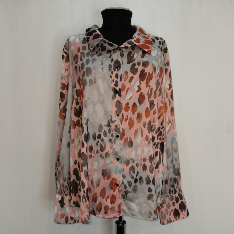 Women’s Abstract Print Satin Blouse - Pink, Grey, Orange Tones | Long Sleeve Button-Up Shirt