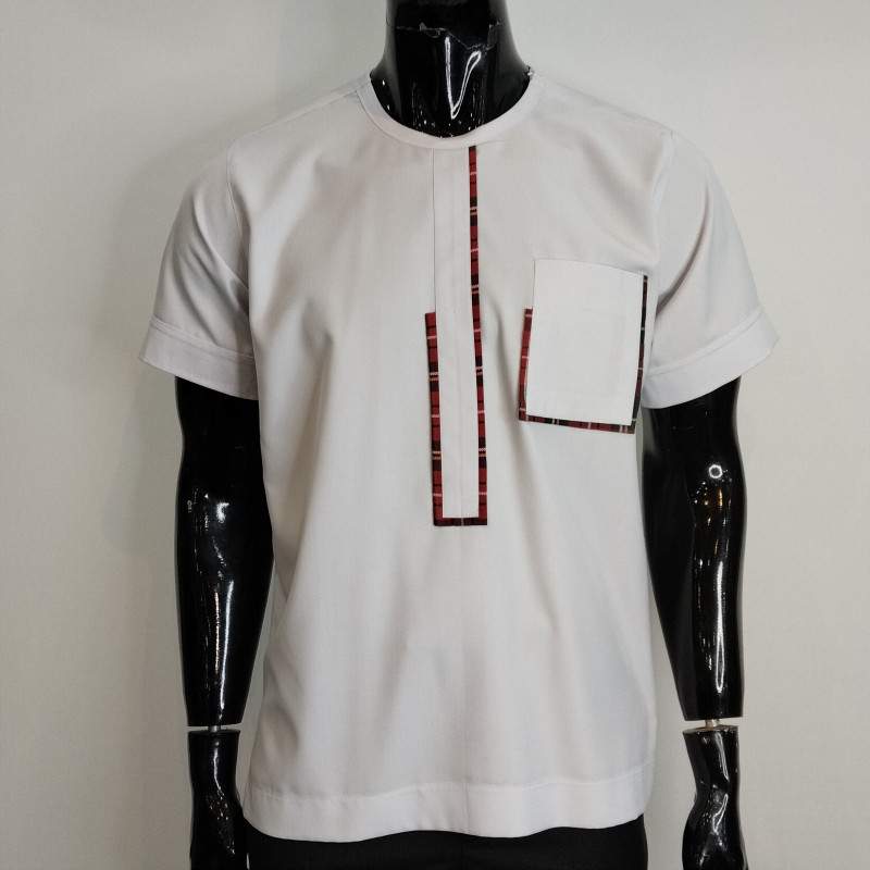 Custom Tailor-Made White African Print Shirt with Maasai Accent Patterns - Bespoke Heritage Menswear | Lusam Collections Nairobi