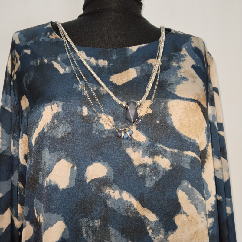 Shefly Paint Splash Blouse with Stone Necklace - Navy, Cream & Brown