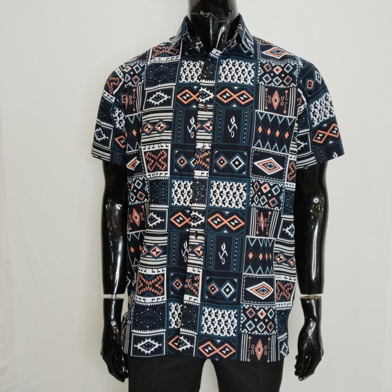 Men’s Ankara Button-Up Shirt | Rhombus Print in White, Black, Blue & Pink