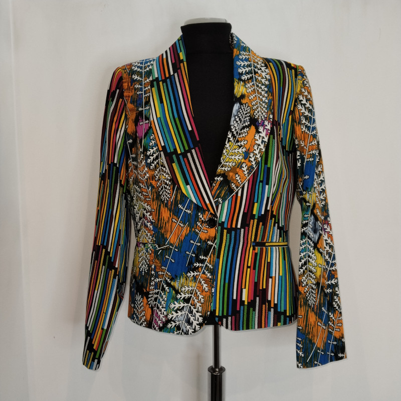 Multicolor Striped Ankara Blazer with White Fern Accent - Women’s Custom Fit