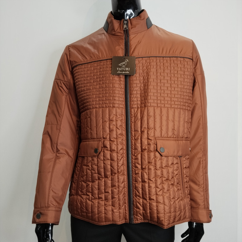 Bright Brown Vaturi Jacket with Zipper & Ornamental Button Pockets - Leather Neck Patch Detail | Lusam Collections Nairobi