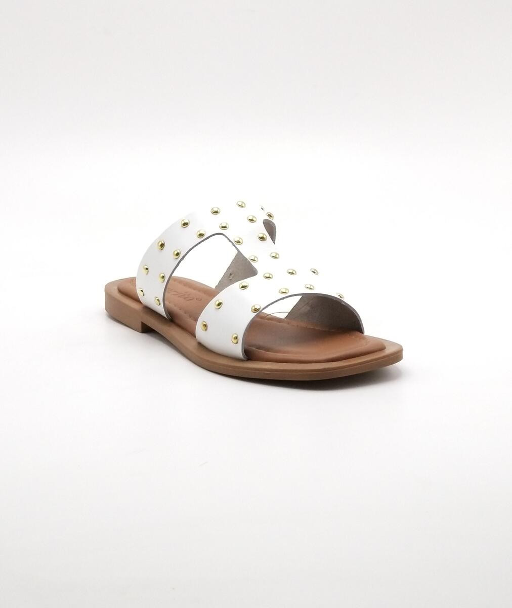 Caprito Women’s White & Brown Leather Sandals - Gold Button Detail