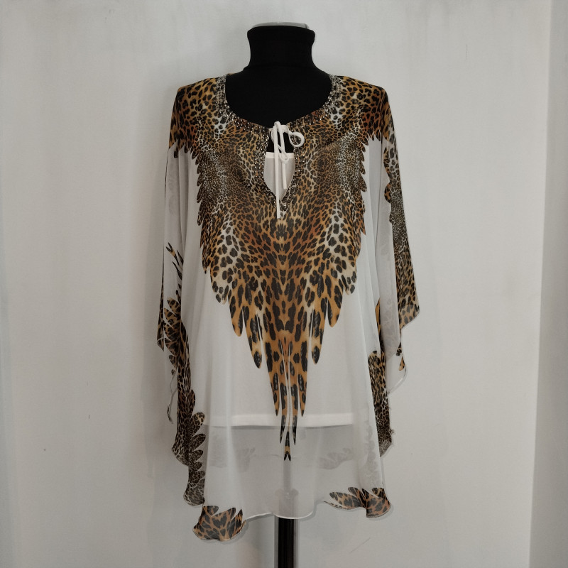 Cheetah Print Blouse with Stone V-Neck Ornamental Details & White Camisole - Women's Designer Top | Lusam Collections Nairobi