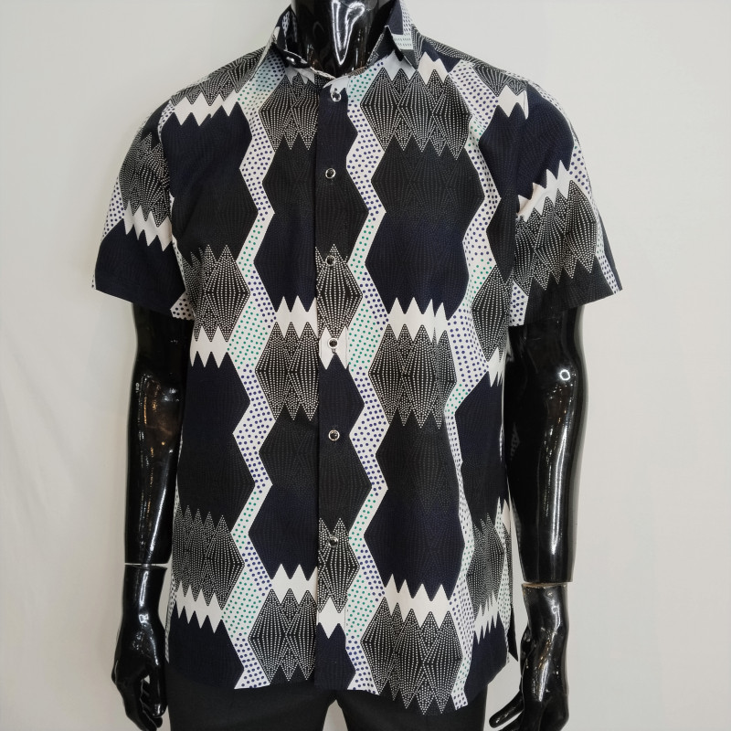 Ankara Abstract Print Men’s Shirt - Bold African Pattern with Blue, Black & Green Dots