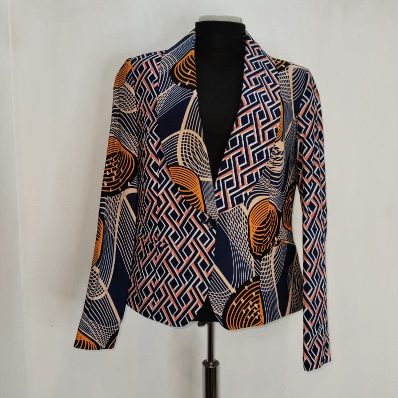 Ladies Abstract Art Ankara Blazer | Multicolor Print (Orange, Pink, Navy Blue & Cream)