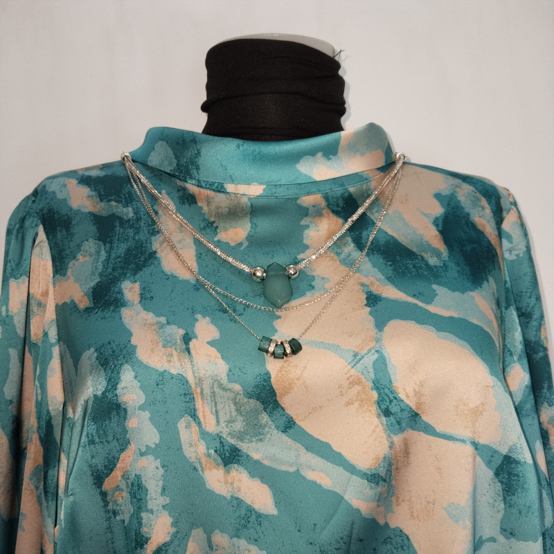 Shefly Paint Splash Blouse with Stone Necklace Light Green, Cream & Navy